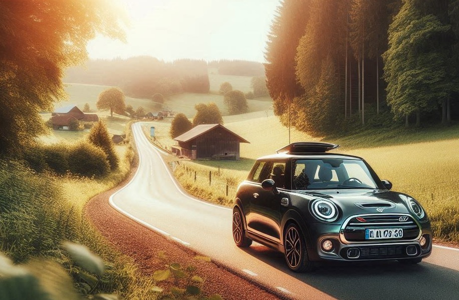 Mini Electric BMW on a country road surrounded by greenery